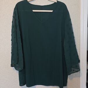 Deep Teal V-Neck Blouse with Textured Sheer Sleeves